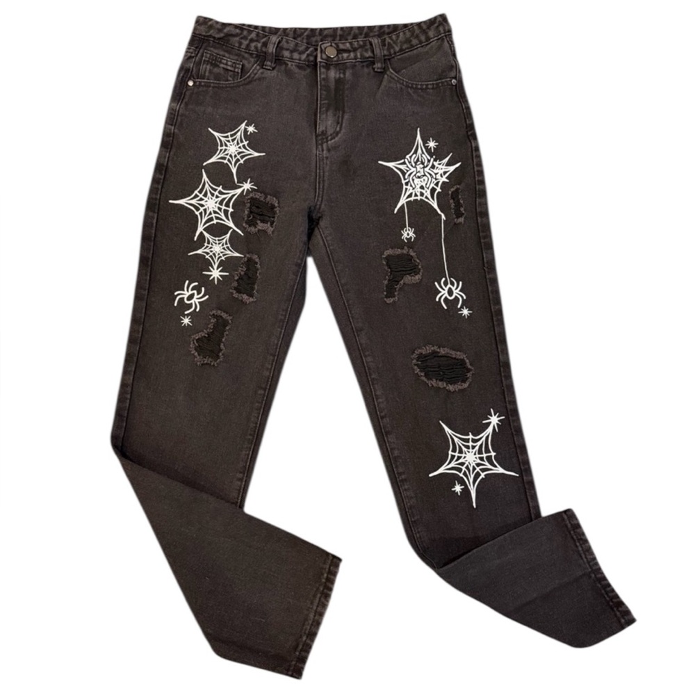 Black Distressed Spider Web Graphic Jeans‎ – Size 15Y (28x30)